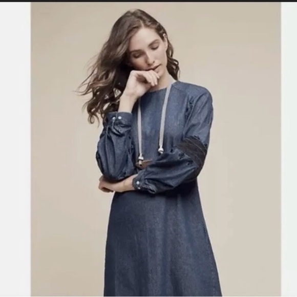 Anthropologie Ne Quittez Pas Denim Dress with Black Embroidery - Picture 1 of 5